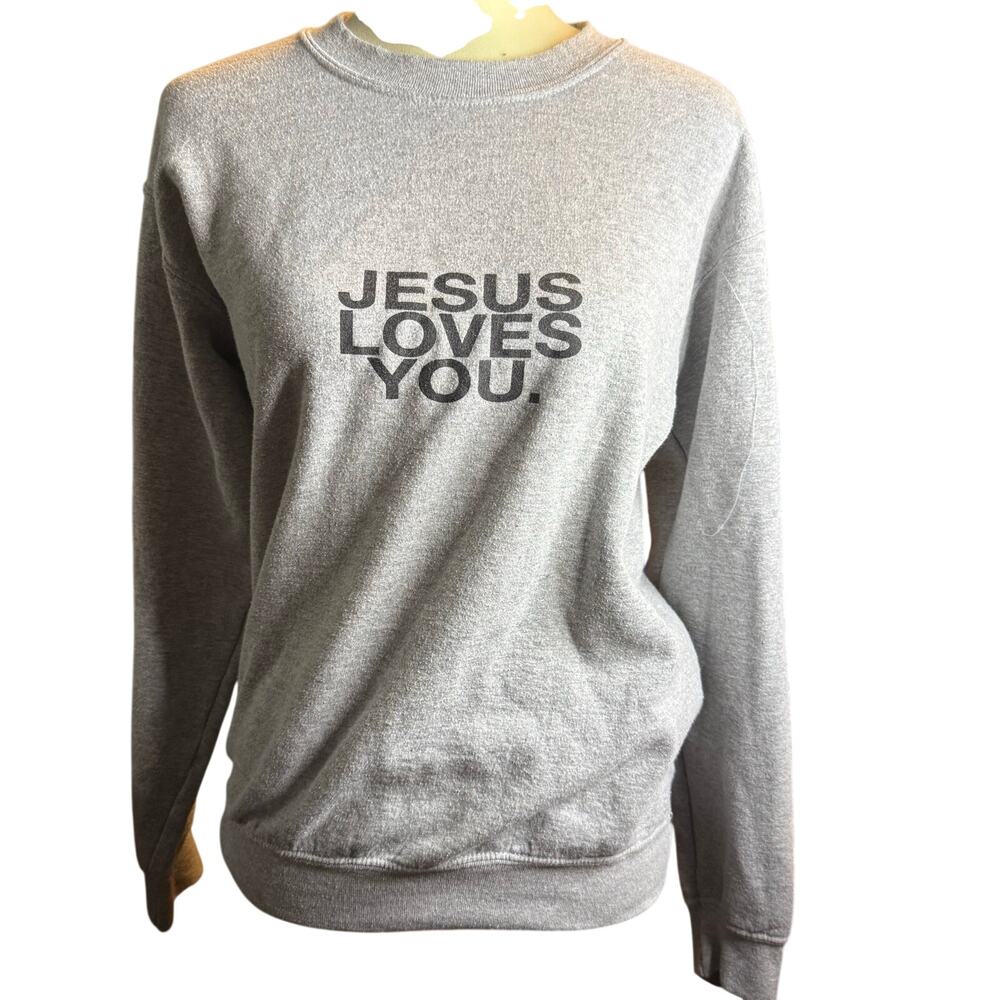 Jesus Loves You Christian Sweatshirt, Good News, Gray Crewneck, Unisex Small